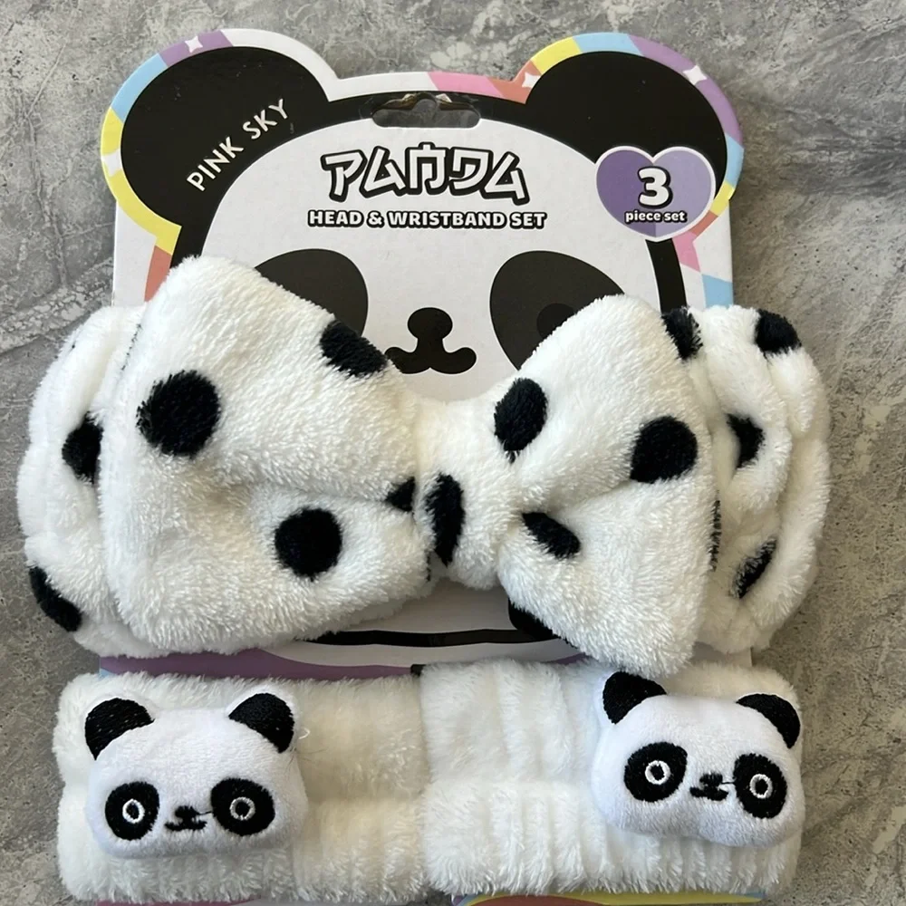 3pcs/Set Simple Cartoon Panda Pattern Wristband & Polka Dot Headband